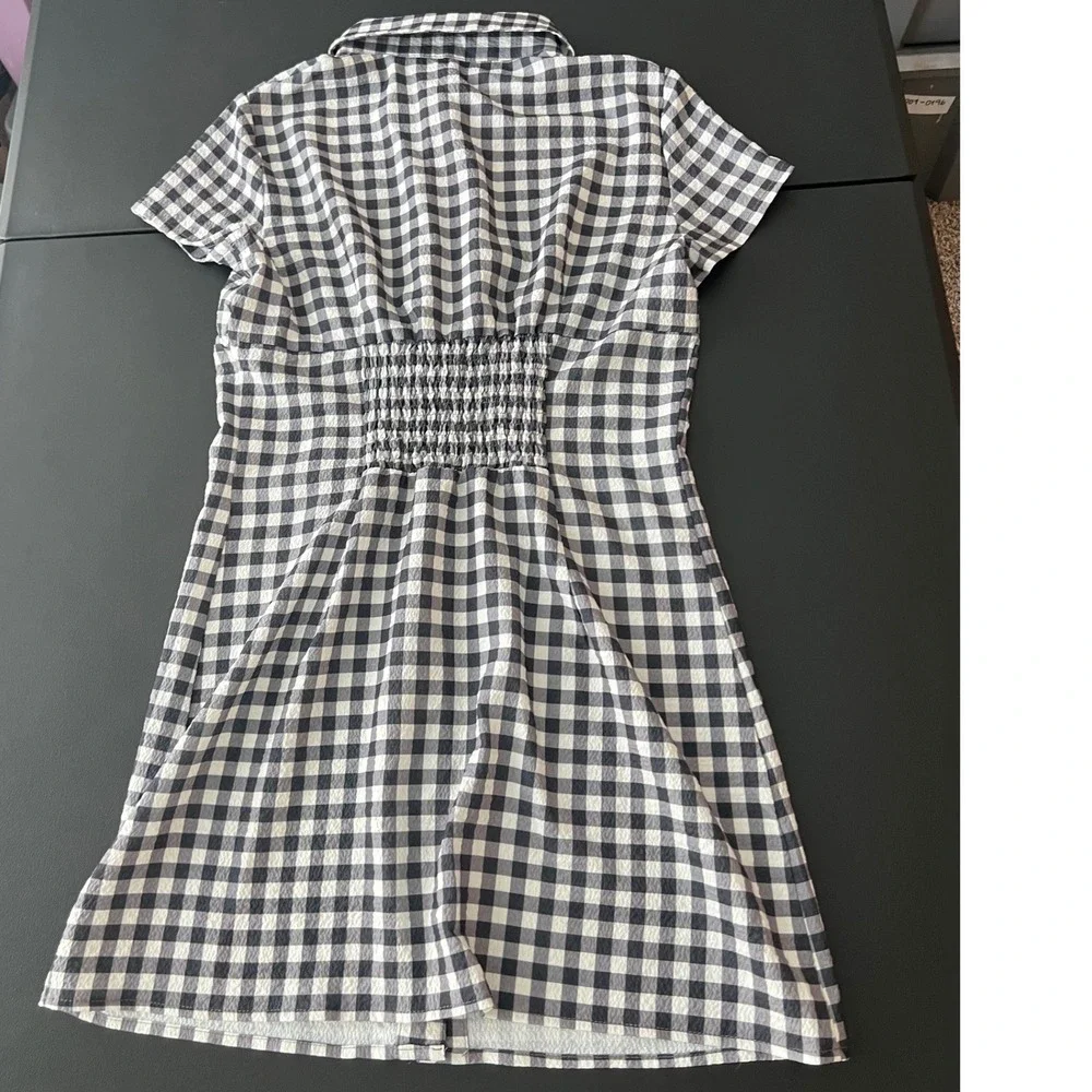 Sold*Black White Gingham Button Front Mini Dress Short Sleeve Smocked Med 1009 - Picture 8 of 10